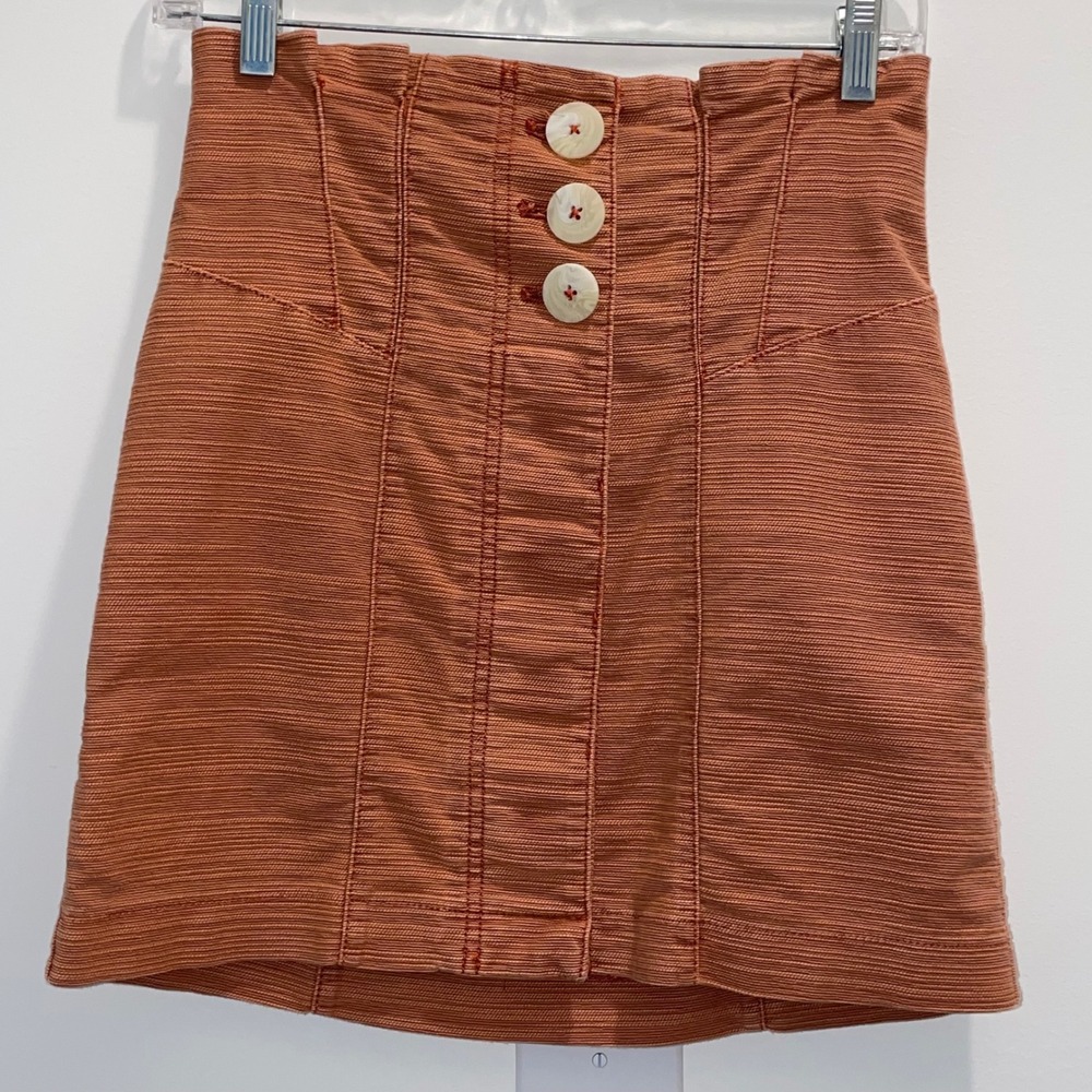 Free People Terracotta Orange Ribbed Button‎ Front Mini Skirt Size 2 High Rise